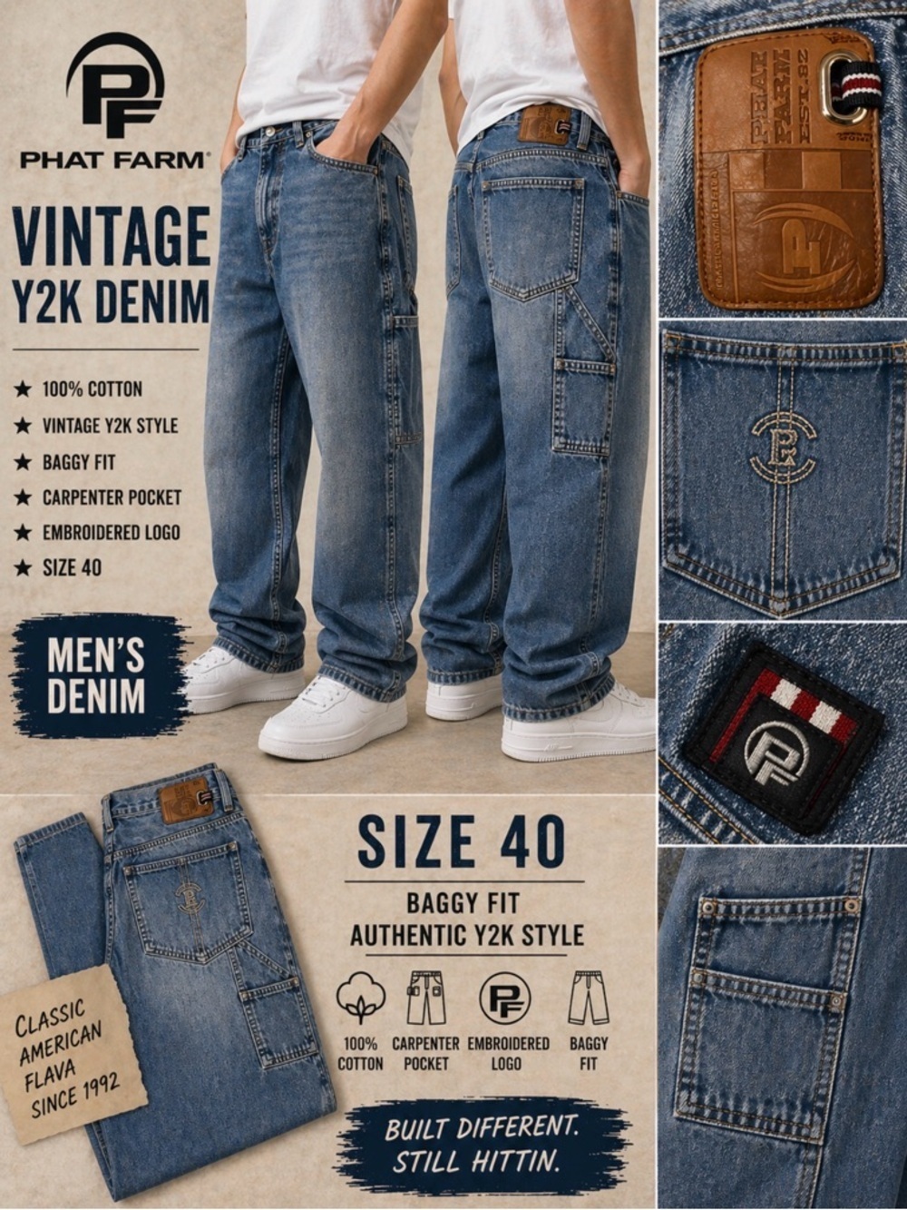 Vintage Phat Farm Jeans Baggy Carpenter Y2K Denim 100% Cotton 40